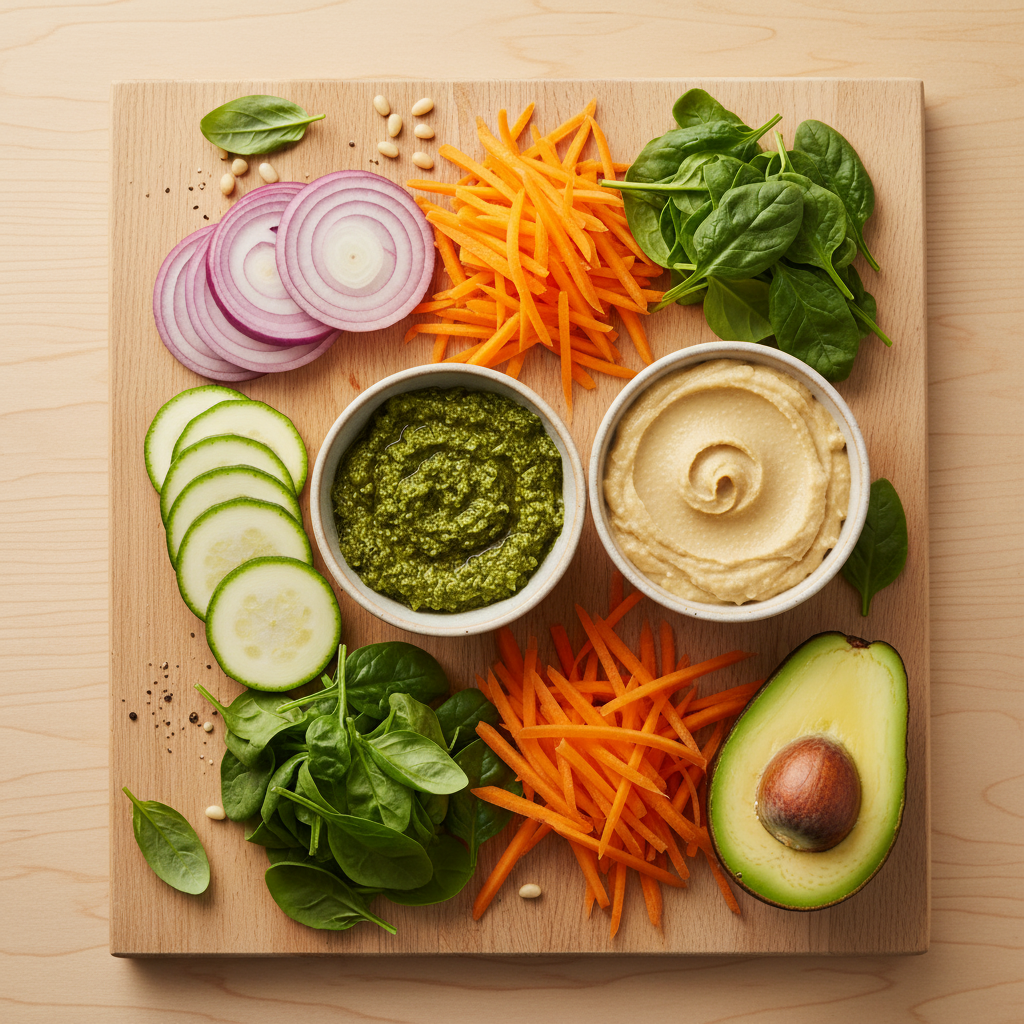 Vegan Pesto & Hummus Veggie Sandwich Dream - preparation